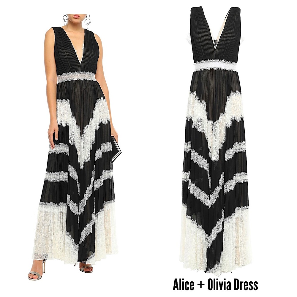 ALICE AND OLIVIA Tess Pleated Lace Maxi Dress Sz 2